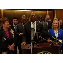 Miami-Dade County Commissioner Sally Heyman, Sen. Oscar Braynon and Rep. Katie Edwards at Tuesday's press conference